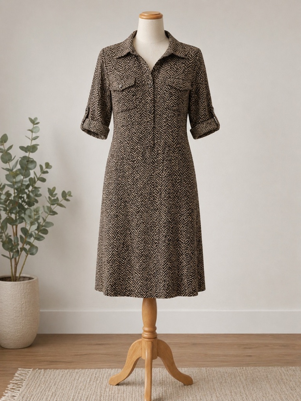 Business casual shirt dress in Brown Herringbone